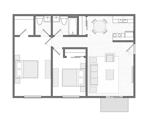 Floor plan for 2 beds, 1.5 baths, 825 sqft